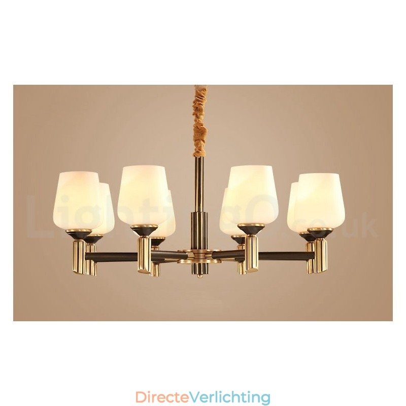 Grote luxe rustieke retro vintage kroonluchter van puur messing met glazen kappen