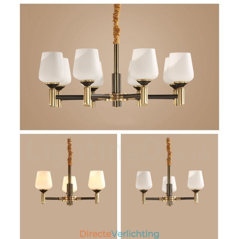 Grote luxe rustieke retro vintage kroonluchter van puur messing met glazen kappen