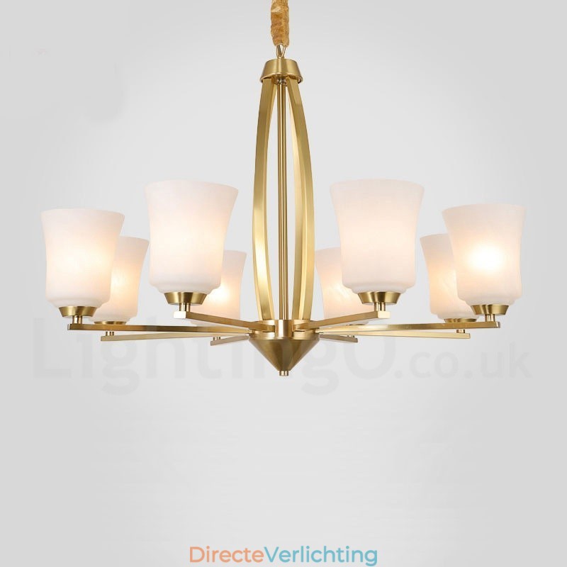 8 Lichts Pure Messing Grote Luxe Rustieke Retro Vintage Messing Hangende Kroonluchter met Glazen Kapjes