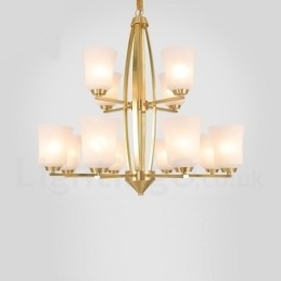 12 Lichts Pure Messing Grote Luxe Rustieke Retro Vintage Messing Hangende Kroonluchter met Glazen Kapjes
