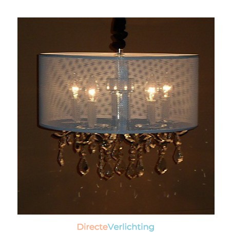 Moderne kristallen hanglamp met 5 lampen en semi-transparante kap Moderne kristallen hanglamp met 5 lampen en semi-transparante kap