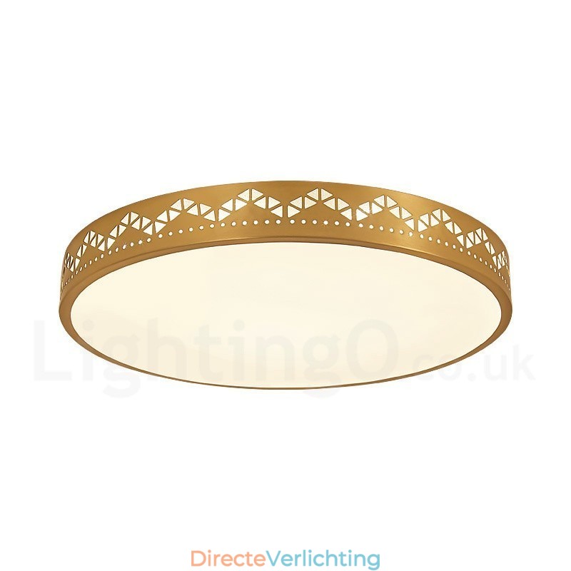Ronde, moderne, eigentijdse, Scandinavische stijl plafondlamp van puur messing met acryl kap