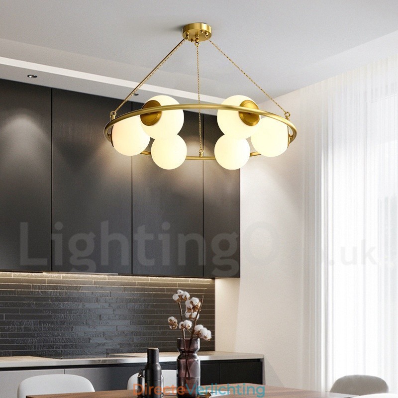 Rustieke Lodge Ronde Kroonluchter in Pure Brass Bean Stijl met Witte Kapjes