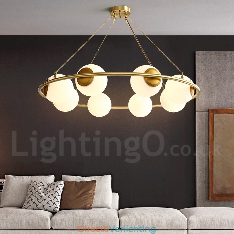 Rustieke Lodge Ronde Kroonluchter in Pure Brass Bean Stijl met Witte Kapjes