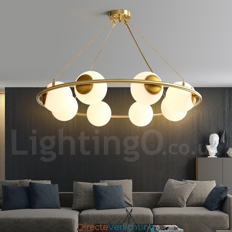 Rustieke Lodge Ronde Kroonluchter in Pure Brass Bean Stijl met Witte Kapjes