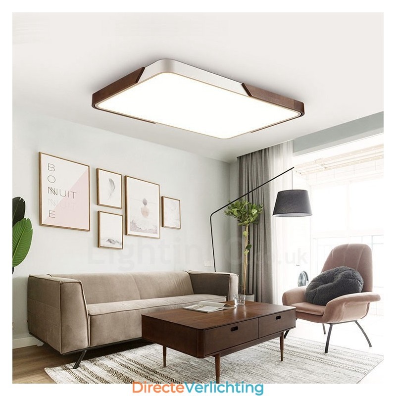 Retro Walnoot Kleur Hout Ultra Dunne Rechthoekige Dimbare Plafondlampen met Acryl Kap Kan Ook Als Wandlamp Worden Gebruikt