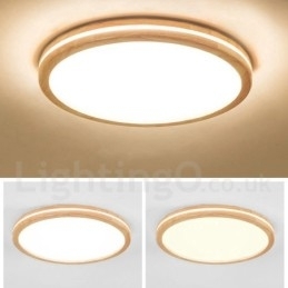 Dimbare ronde houten plafondlamp met lens, moderne eigentijdse Scandinavische stijl, plafondlamp van hout met acryl kap en afstandsbediening. Kan ook als wandlamp worden gebruikt.