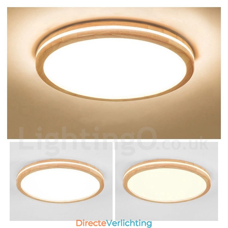 Dimbare ronde houten plafondlamp met lens, moderne eigentijdse Scandinavische stijl, plafondlamp van hout met acryl kap en afstandsbediening. Kan ook als wandlamp worden gebruikt.