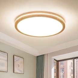 Dimbare ronde houten plafondlamp met lens, moderne eigentijdse Scandinavische stijl, plafondlamp van hout met acryl kap en afstandsbediening. Kan ook als wandlamp worden gebruikt.