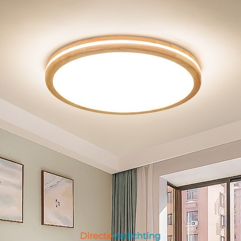 Dimbare ronde houten plafondlamp met lens, moderne eigentijdse Scandinavische stijl, plafondlamp van hout met acryl kap en afstandsbediening. Kan ook als wandlamp worden gebruikt.