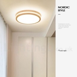 Dimbare ronde houten plafondlamp met lens, moderne eigentijdse Scandinavische stijl, plafondlamp van hout met acryl kap en afstandsbediening. Kan ook als wandlamp worden gebruikt.