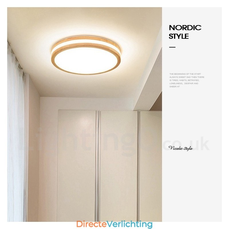 Dimbare ronde houten plafondlamp met lens, moderne eigentijdse Scandinavische stijl, plafondlamp van hout met acryl kap en afstandsbediening. Kan ook als wandlamp worden gebruikt.