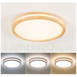 Dimbare ronde houten plafondlamp met lens, moderne eigentijdse Scandinavische stijl, plafondlamp van hout met acryl kap en afstandsbediening. Kan ook als wandlamp worden gebruikt.