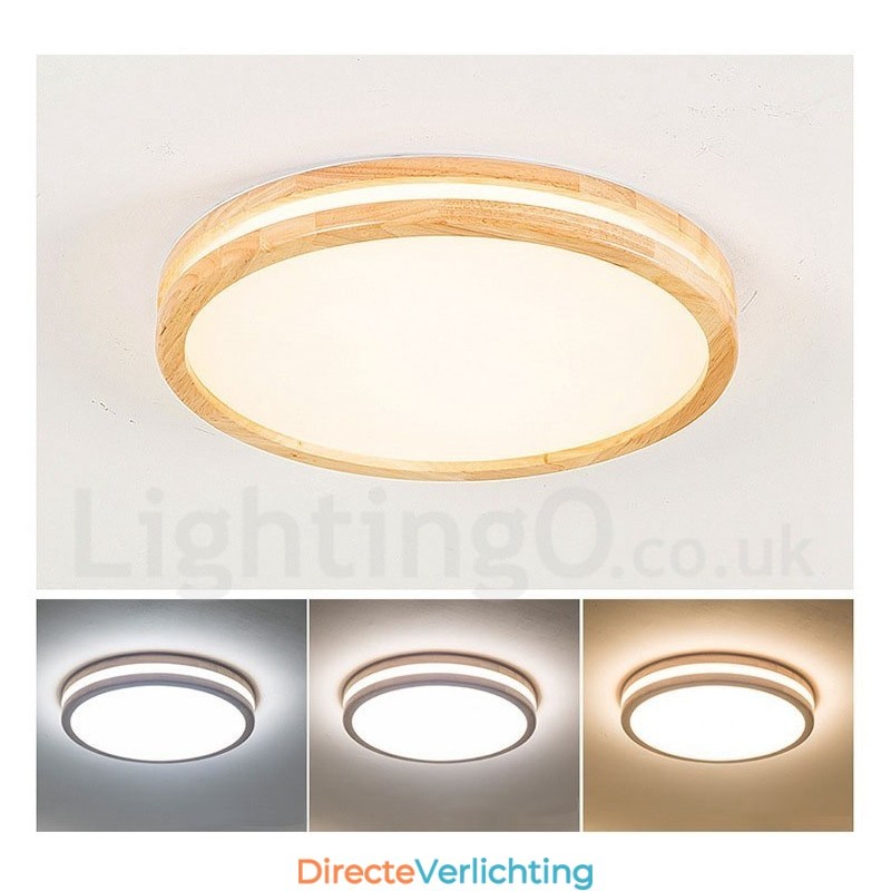 Dimbare ronde houten plafondlamp met lens, moderne eigentijdse Scandinavische stijl, plafondlamp van hout met acryl kap en afstandsbediening. Kan ook als wandlamp worden gebruikt.