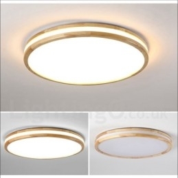 Dimbare ronde houten plafondlamp met lens, moderne eigentijdse Scandinavische stijl, plafondlamp van hout met acryl kap en afstandsbediening. Kan ook als wandlamp worden gebruikt.