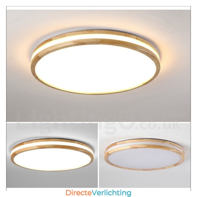 Dimbare ronde houten plafondlamp met lens, moderne eigentijdse Scandinavische stijl, plafondlamp van hout met acryl kap en afstandsbediening. Kan ook als wandlamp worden gebruikt.