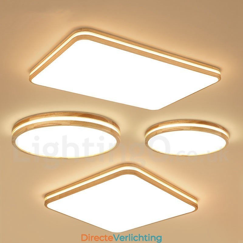 Dimbare ronde houten plafondlamp met lens, moderne eigentijdse Scandinavische stijl, plafondlamp van hout met acryl kap en afstandsbediening. Kan ook als wandlamp worden gebruikt.