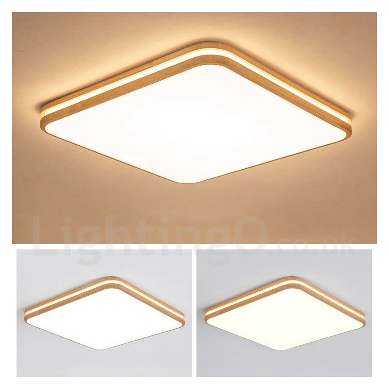 Vierkant houten plafondlamp met lens, moderne eigentijdse Scandinavische stijl, plafondlamp van hout met acryl kap en afstandsbediening. Kan ook als wandlamp worden gebruikt.