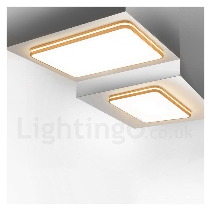 Vierkant houten plafondlamp met lens, moderne eigentijdse Scandinavische stijl, plafondlamp van hout met acryl kap en afstandsbediening. Kan ook als wandlamp worden gebruikt.