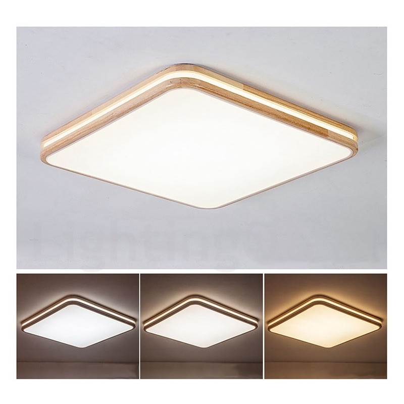 Vierkant houten plafondlamp met lens, moderne eigentijdse Scandinavische stijl, plafondlamp van hout met acryl kap en afstandsbediening. Kan ook als wandlamp worden gebruikt.