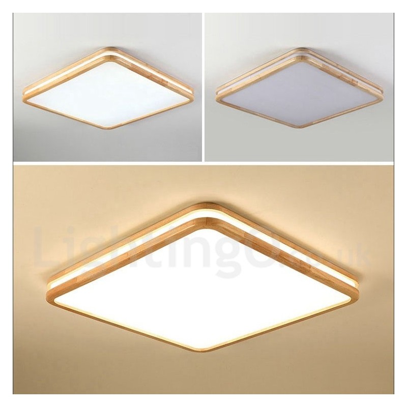 Vierkant houten plafondlamp met lens, moderne eigentijdse Scandinavische stijl, plafondlamp van hout met acryl kap en afstandsbediening. Kan ook als wandlamp worden gebruikt.