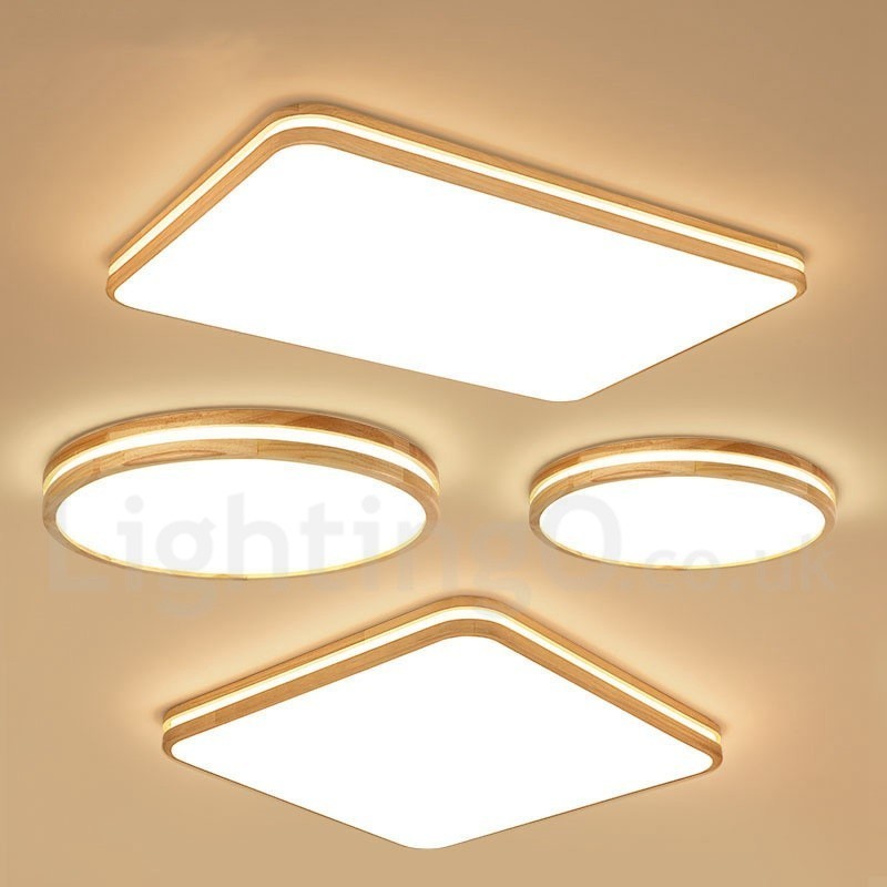 Vierkant houten plafondlamp met lens, moderne eigentijdse Scandinavische stijl, plafondlamp van hout met acryl kap en afstandsbediening. Kan ook als wandlamp worden gebruikt.