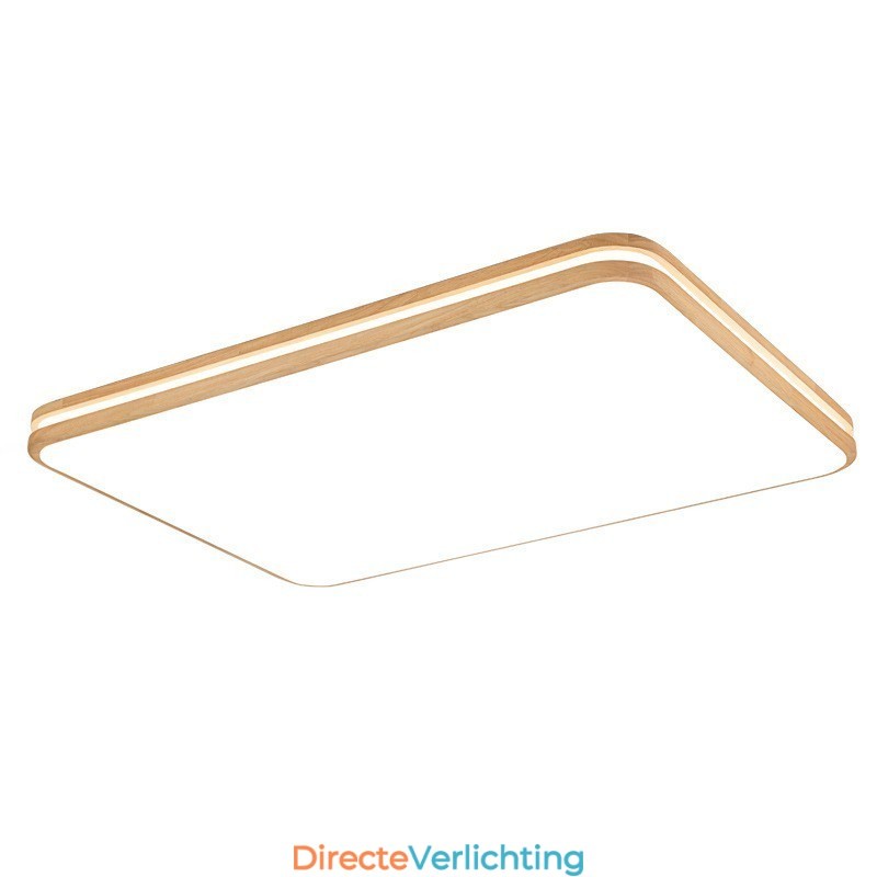 Dimbare rechthoekige houten plafondlamp met lens, moderne eigentijdse Scandinavische stijl, plafondlamp van hout met acryl kap en afstandsbediening. Kan ook als wandlamp worden gebruikt.
