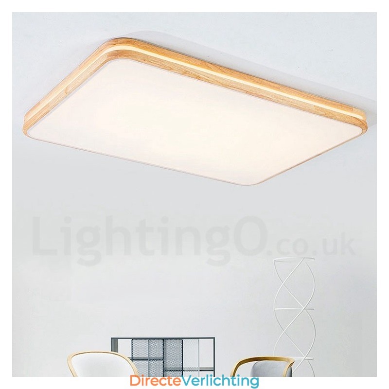 Dimbare rechthoekige houten plafondlamp met lens, moderne eigentijdse Scandinavische stijl, plafondlamp van hout met acryl kap en afstandsbediening. Kan ook als wandlamp worden gebruikt.