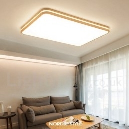 Dimbare rechthoekige houten plafondlamp met lens, moderne eigentijdse Scandinavische stijl, plafondlamp van hout met acryl kap en afstandsbediening. Kan ook als wandlamp worden gebruikt.