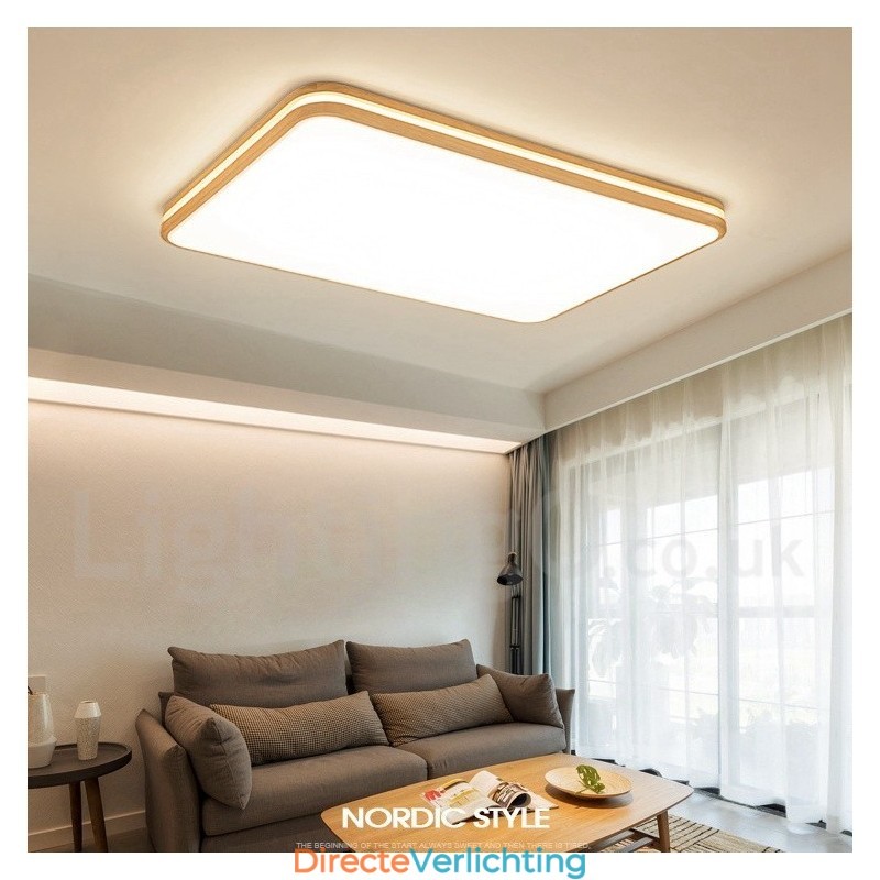 Dimbare rechthoekige houten plafondlamp met lens, moderne eigentijdse Scandinavische stijl, plafondlamp van hout met acryl kap en afstandsbediening. Kan ook als wandlamp worden gebruikt.