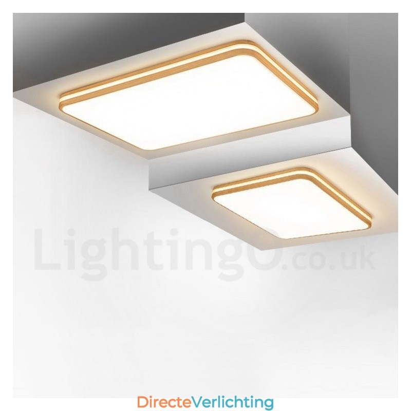 Dimbare rechthoekige houten plafondlamp met lens, moderne eigentijdse Scandinavische stijl, plafondlamp van hout met acryl kap en afstandsbediening. Kan ook als wandlamp worden gebruikt.