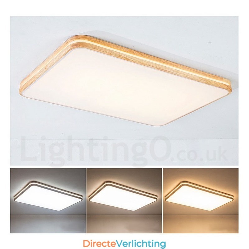 Dimbare rechthoekige houten plafondlamp met lens, moderne eigentijdse Scandinavische stijl, plafondlamp van hout met acryl kap en afstandsbediening. Kan ook als wandlamp worden gebruikt.