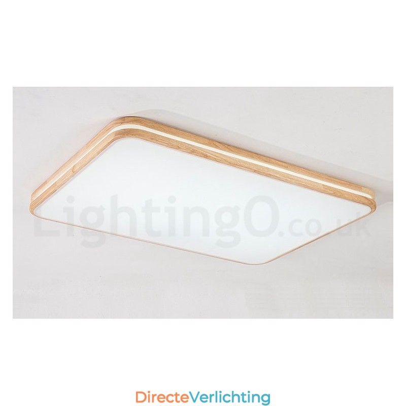 Dimbare rechthoekige houten plafondlamp met lens, moderne eigentijdse Scandinavische stijl, plafondlamp van hout met acryl kap en afstandsbediening. Kan ook als wandlamp worden gebruikt.
