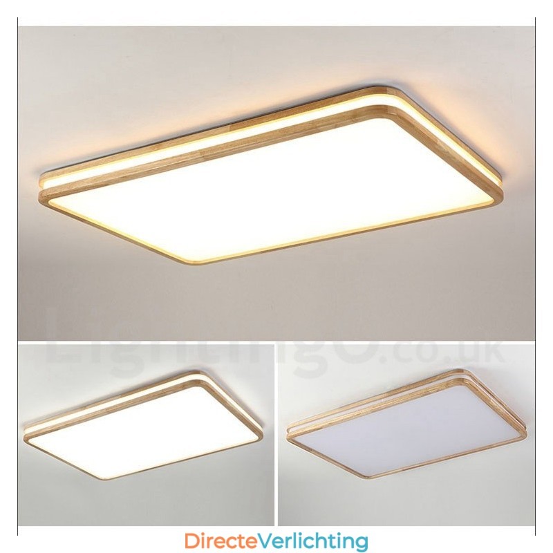 Dimbare rechthoekige houten plafondlamp met lens, moderne eigentijdse Scandinavische stijl, plafondlamp van hout met acryl kap en afstandsbediening. Kan ook als wandlamp worden gebruikt.