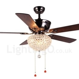 132CM (52") Amerikaanse stijl houten retro afstandsbediening plafondventilatorlamp met kristallen kap, dempende zuiver koperen motor