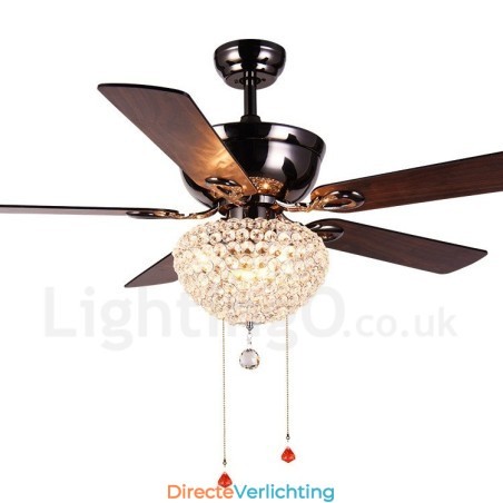 132CM (52") Amerikaanse stijl houten retro afstandsbediening plafondventilatorlamp met kristallen kap, dempende zuiver koperen motor