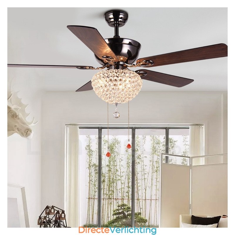 132CM (52") Amerikaanse stijl houten retro afstandsbediening plafondventilatorlamp met kristallen kap, dempende zuiver koperen motor