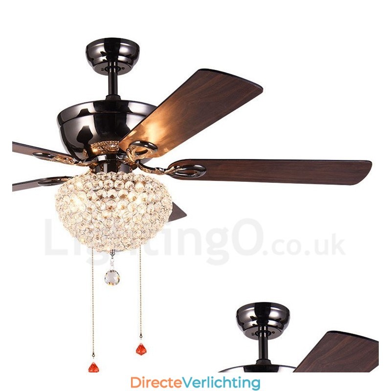 132CM (52") Amerikaanse stijl houten retro afstandsbediening plafondventilatorlamp met kristallen kap, dempende zuiver koperen motor