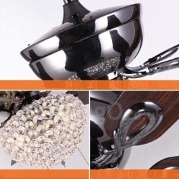 132CM (52") Amerikaanse stijl houten retro afstandsbediening plafondventilatorlamp met kristallen kap, dempende zuiver koperen motor