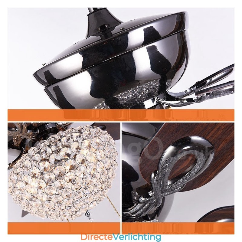 132CM (52") Amerikaanse stijl houten retro afstandsbediening plafondventilatorlamp met kristallen kap, dempende zuiver koperen motor