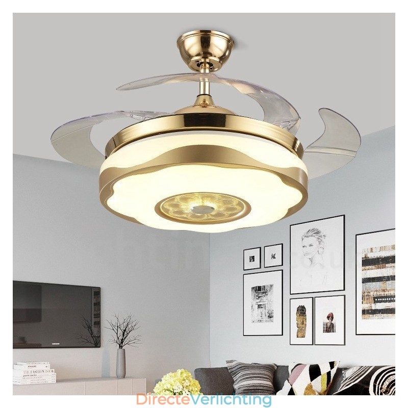 108CM (42") 91CM (36") Moderne eigentijdse afstandsbediening goudkleurige plafondventilatorlamp met acryl kap, dempen, zuiver koperen motor