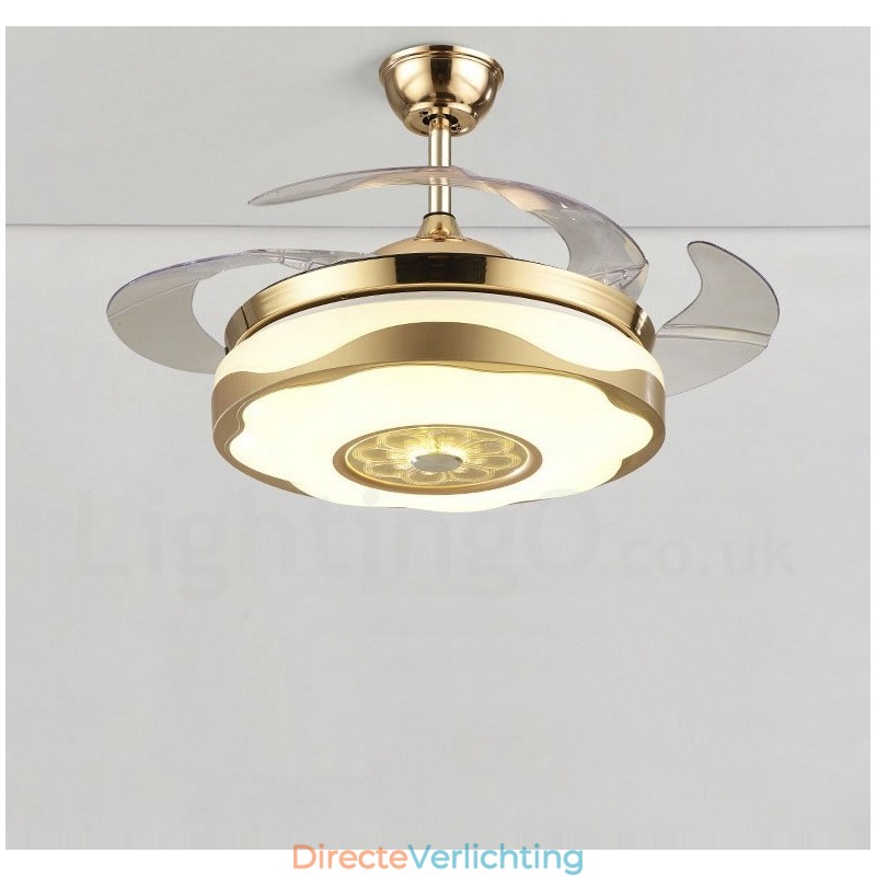 108CM (42") 91CM (36") Moderne eigentijdse afstandsbediening goudkleurige plafondventilatorlamp met acryl kap, dempen, zuiver koperen motor