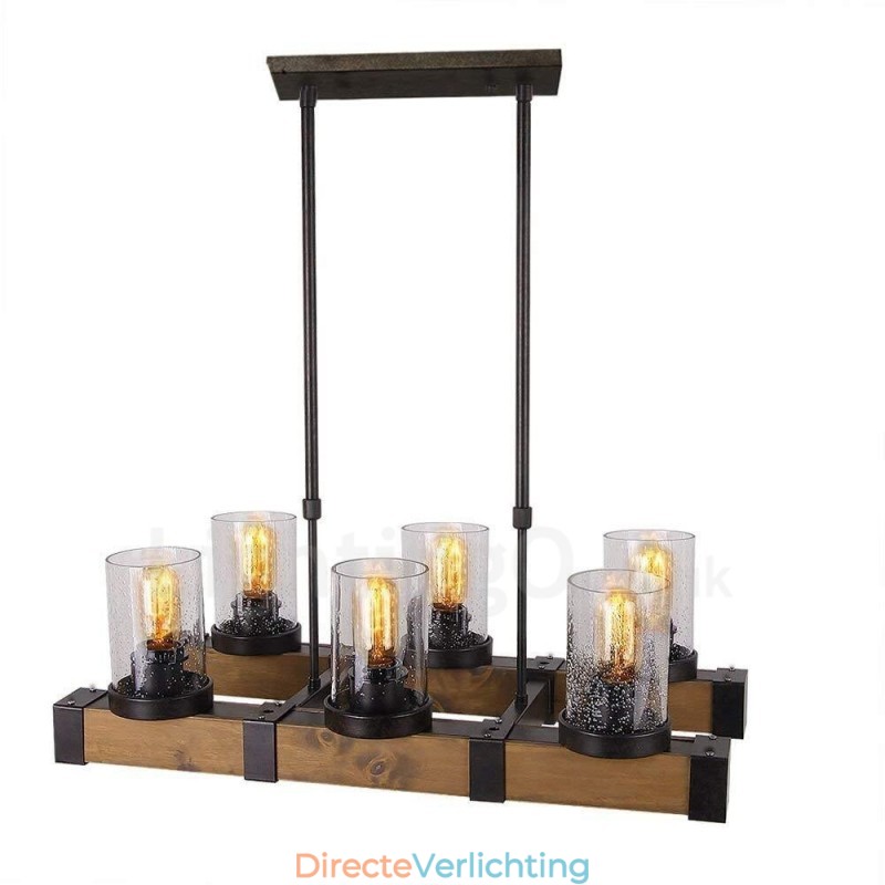 6 Licht Vintage Houten Kroonluchter Industriële Wind Loft Houten Lineaire Hanglamp