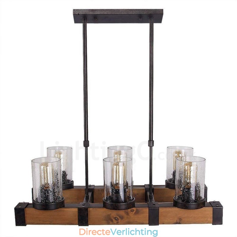 6 Licht Vintage Houten Kroonluchter Industriële Wind Loft Houten Lineaire Hanglamp
