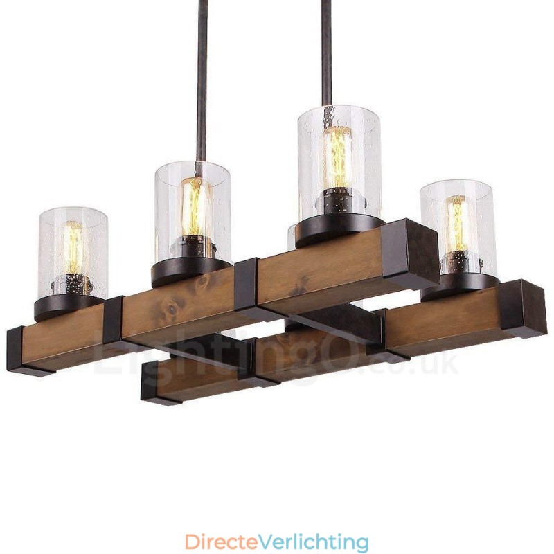 6 Licht Vintage Houten Kroonluchter Industriële Wind Loft Houten Lineaire Hanglamp