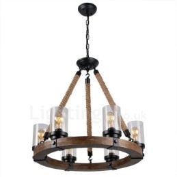6 Licht Ring Vintage Houten Kroonluchter Industriële Wind Loft Houten Lineaire Hanglamp