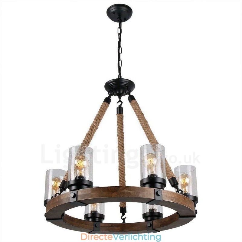 6 Licht Ring Vintage Houten Kroonluchter Industriële Wind Loft Houten Lineaire Hanglamp