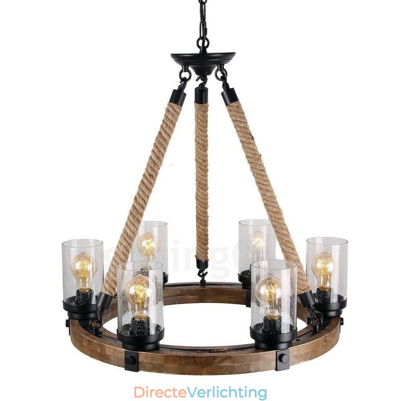 6 Licht Ring Vintage Houten Kroonluchter Industriële Wind Loft Houten Lineaire Hanglamp