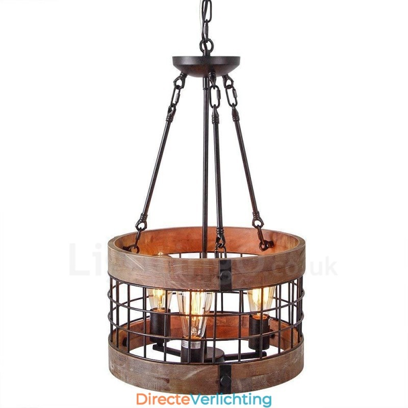 3 Lichts Drum Vintage Houten Kroonluchter Industriële Wind Loft Houten Lineaire Hanglamp