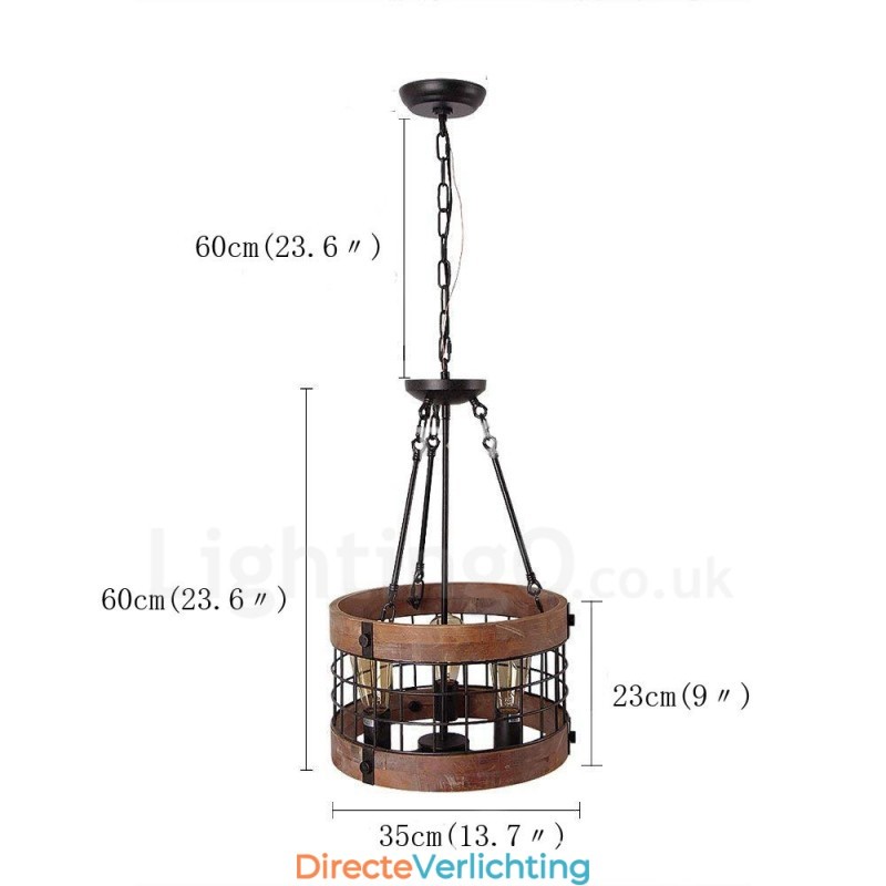 3 Lichts Drum Vintage Houten Kroonluchter Industriële Wind Loft Houten Lineaire Hanglamp
